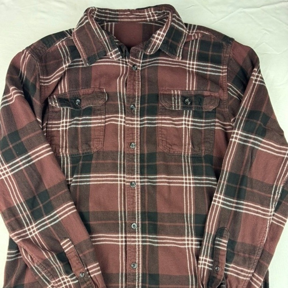 Mind Muse Flannel Shirt Medium Burgundy Black Plaid Graphic Back Excellent